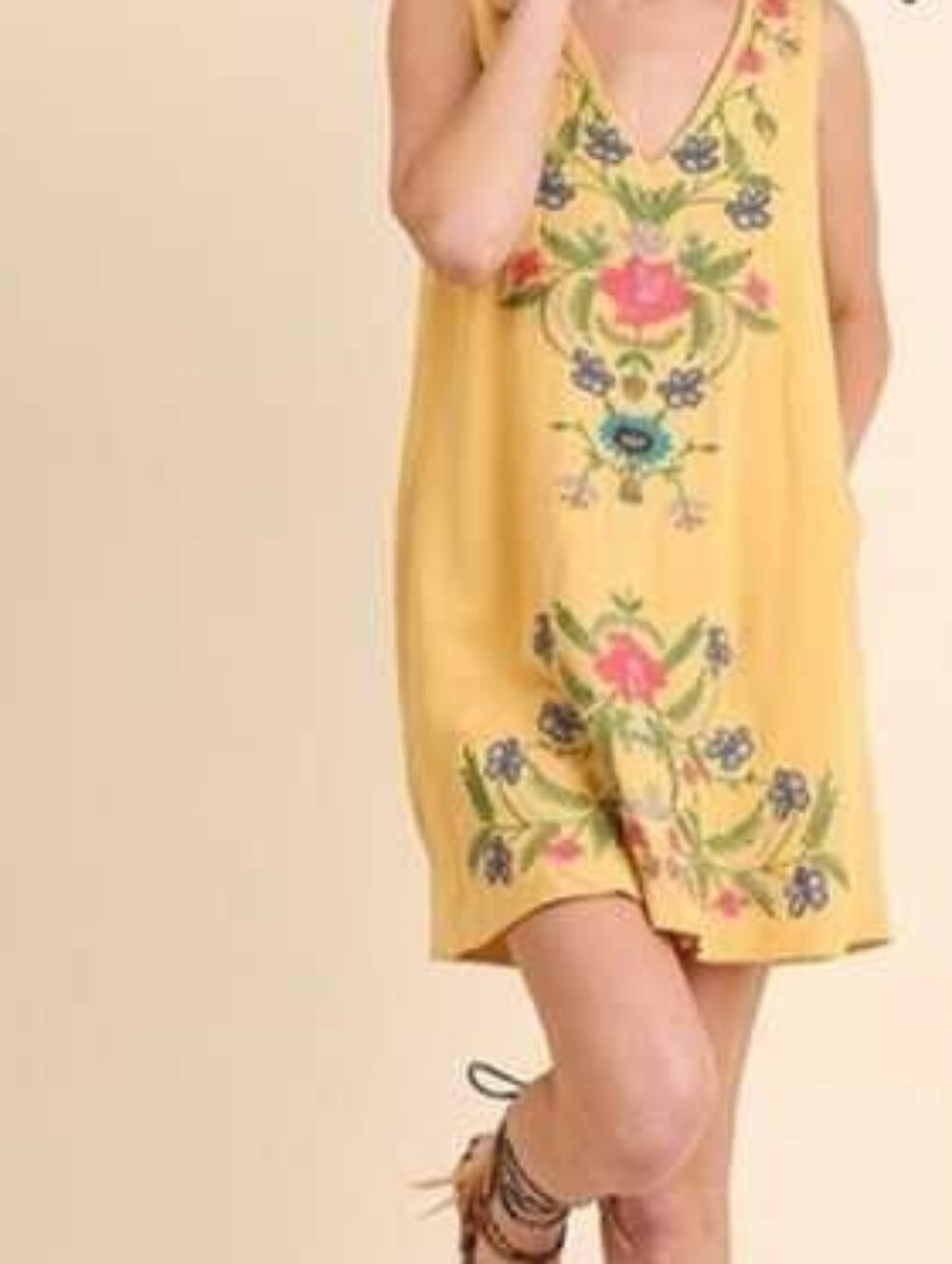 Umgee Sweet As Honey  Embroidered V-Neck Sleeveless Shift Dress Yellow